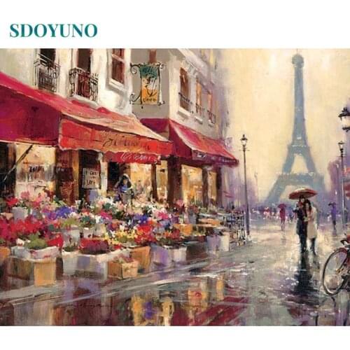 SDOYUNO DIY Painting By Numbers Kits 60x75cm Paris Street Scenery Coloring By Numbers On Canvas Frame Digital Painting Home Deco