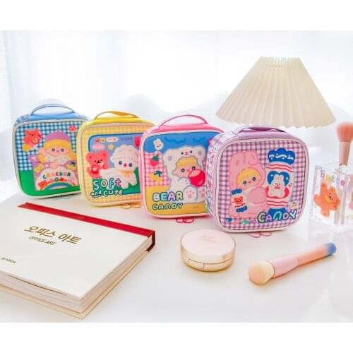 Square Cosmetic Case Kawaii Large Capacity Makeup Organizer Bear PU Women Pen Box Portable Student School Pencil Storage Bag