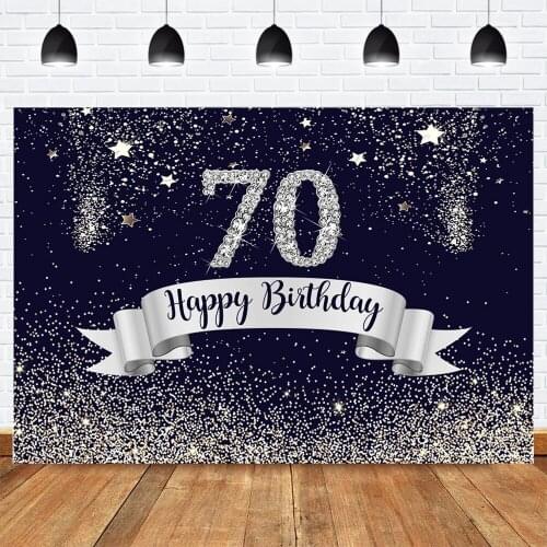 Navy Blue Happy 70th Birthday Backdrop for Photography Silver Glitter Stars Point Background for Photo Studio Adult Birthday