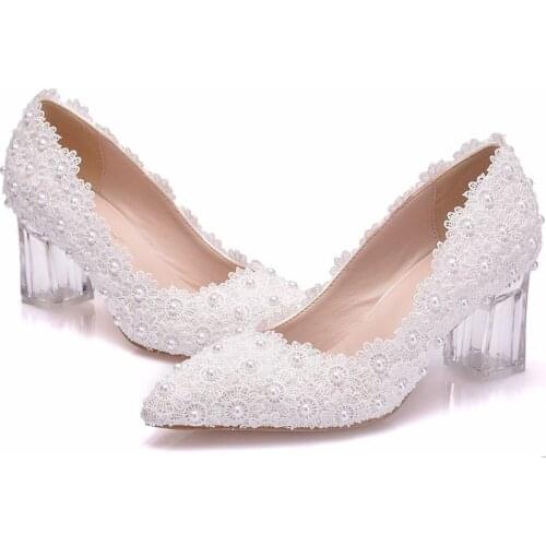 7 cm shallow mouth crystal clear thick heel high heels white lace pointed toe large size wedding shoes bridesmaid bridal shoes