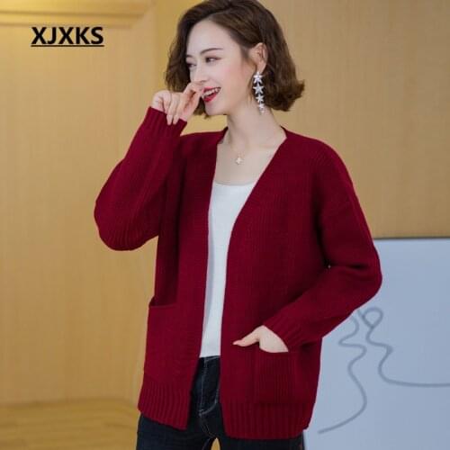XJXKS 2020 autumn winter new women knitted jacket loose large size fashion V-neck comfortable wool sweater women cardigan