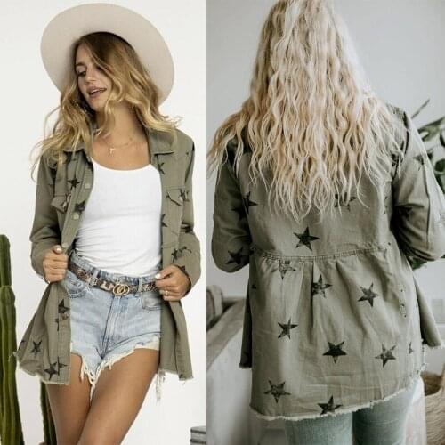 Distressed star mid-length jacket jacket women loose Amazon denim jacket