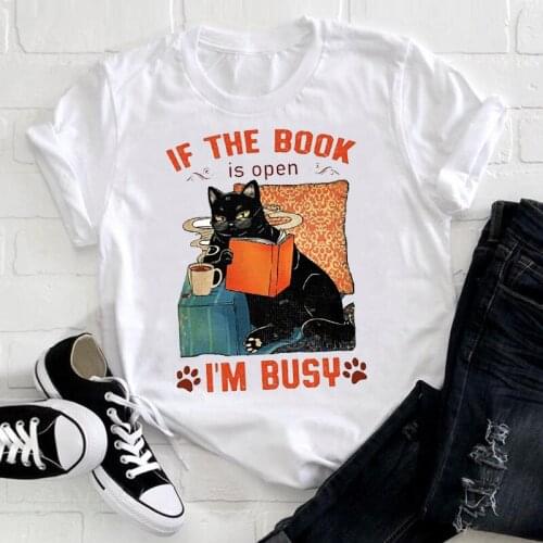 Women Cute Cat Coffee Funny Cartoon Short Sleeve Clothing Lady Clothes Print Tshirt Female Tee Top Ladies Graphic T-shirt