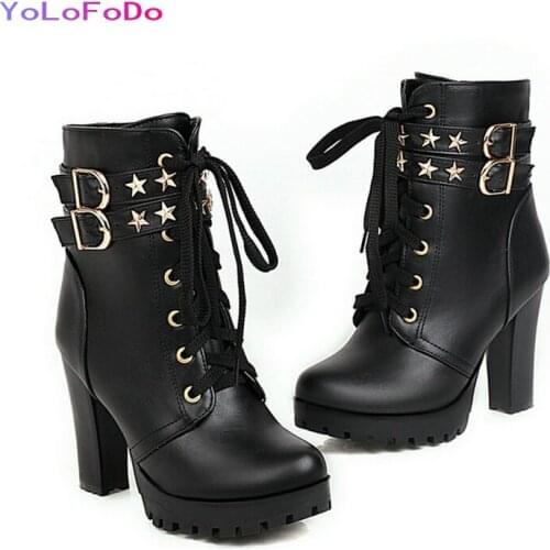 Platform Square High Heel Women Ankle Boots Buckle Zipper Fashion Short Boots Autumn Winter Womans Shoes Plus Size 34-43