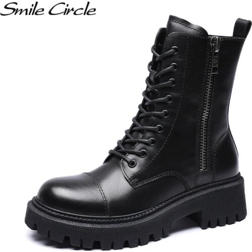 Smile Circle Motorcycle Boots To the calf Women shoes Genuine Leather Boots Fashion Platform Side zipper Ladies Booties