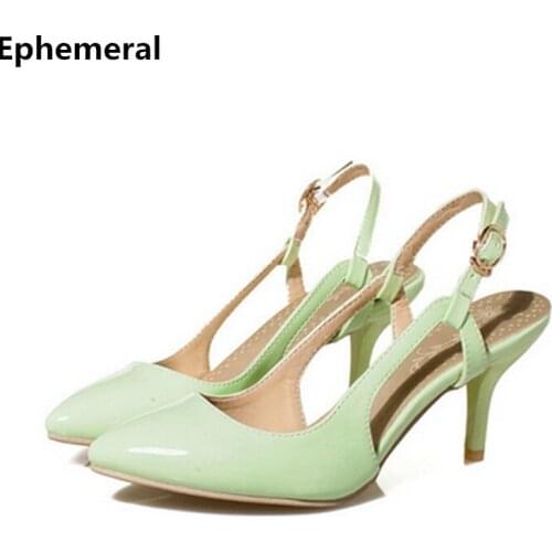 Feminino Shoes Elegant Patent Leather Back Buckle Strap Plus Size 34-45 Pointy Toe High Heels Shoes Sandalias Pumps Stiletto OL