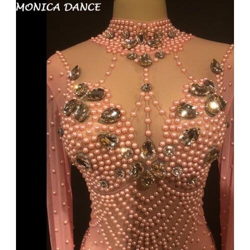 Women Sexy Stage Pink Color Jumpsuit Pink Glass Sparkling Crystals Bodysuit Nightclub Party Stage Wear Performance Costumes