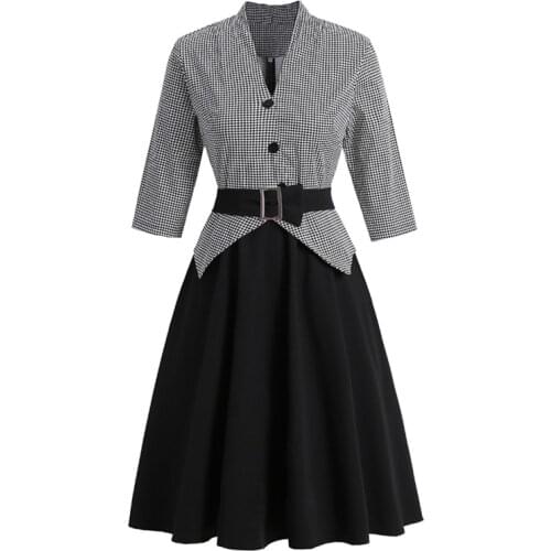 Elegant Office Ladies Belted Dresses Button Front V-Neck Houndstooth Vintage Swing Dress Retro Half Sleeve Autumn Clothes Women