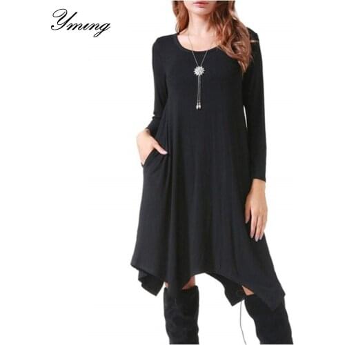 YMING Womens Round Neck Long Sleeve Pocket Dress Irregular Hem Dress Knit Dresses Long Sleeve Dresses