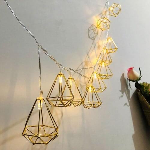 1pc Wrought Hexagon Diamond Drop LED Battery Box Rose Gold Geometric Light String Ins Christmas Day birthday Party Decoration