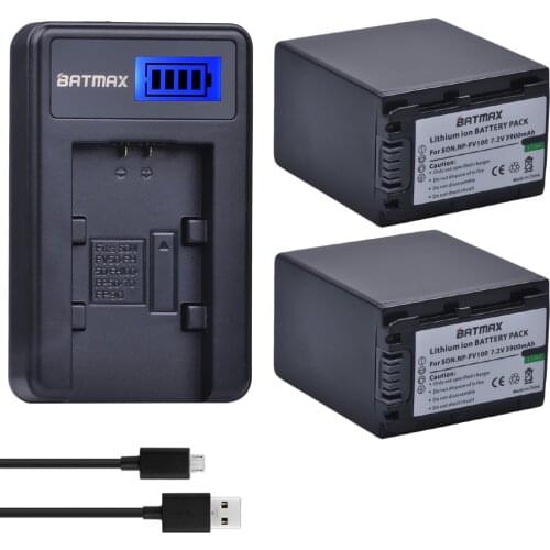 2Pcs 3900mAh NP FV100 NP-FV100 FV100 Batteries + LCD USB Charger for Sony NP-FV30 NP-FV50 NP-FV70 SX83E SX63E FDR-AX100E AX100E