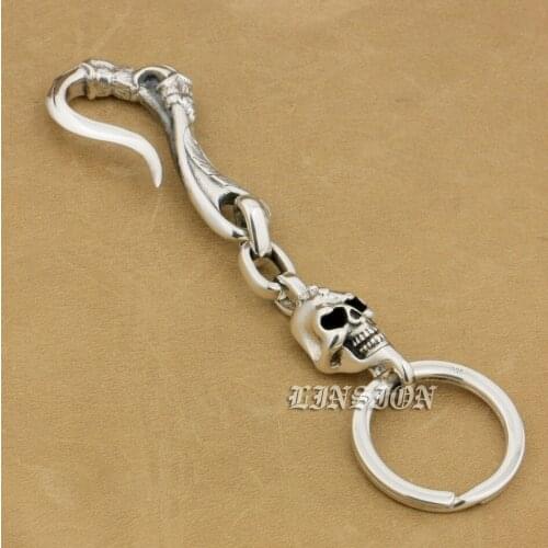 925 Sterling Silver Skull Claw Hook Mens Biker Rocker Punk Keychain Belt Clip 9T012
