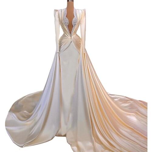 Shoulder Pads Long Sleeves Fashion Dubai Evening Dresses Ivory Buy China Direct فساتين السهرة Satin Long Train платье