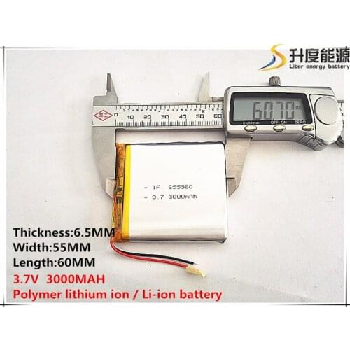 Free shipping 1pcs/lot 655560 3.7 V lithium polymer battery 3000 mah DIY mobile emergency power charging treasure battery