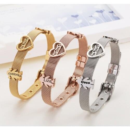 Custom Baby Name Bracelet Watchband Stainless Steel Rose Gold Bracelet Mom Kids Pandent Women Men Wrist Strap Watch Bangle