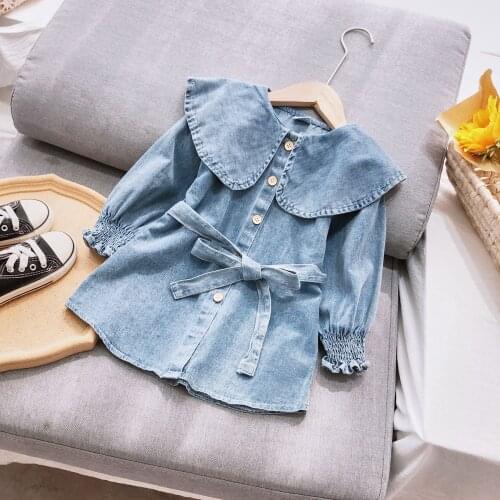 Baby Girl Denim Dress Spring Autumn Girls Simple Bow Doll Collar Princess Dresses Children Fashion Casual Clothes 3-7 Years