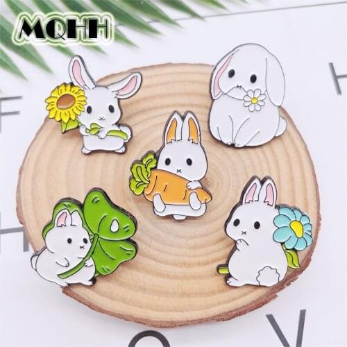 Cartoon Cute Animals Rabbit Enamel Pins White Rabbit Carrot Sunflower Daisy Alloy Brooch Badge Sweet Woman Jewelry Gift For Kid