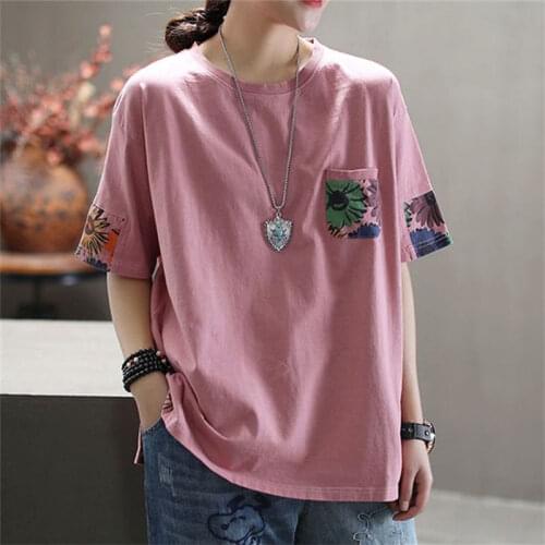 Pure Cotton Art Retro Plus Size New Short-sleeved T-shirt Womens Summer Loose Printing Round Neck Top T-shirt 2021 New