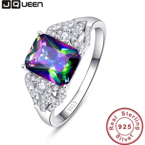 Hot Emerald Cut 3ct Natural Mystic Fire Rainbow Topaz Engagement Wedding Ring Genuine 925 Sterling Silver Rings for Women