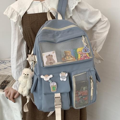 Kawaii Nylon Womens Backpacks Fashion Waterproof Rucksack for Teen Girls Blue School Bag Cute Student Bookbag Travel Mochila