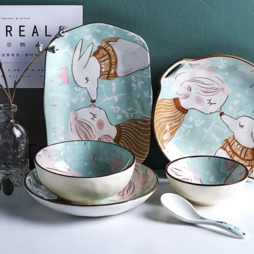 Creative lovely Cartoon animal ceramic bowl set eating utensils children rice bowl domestic soup bowl plate spoon tableware