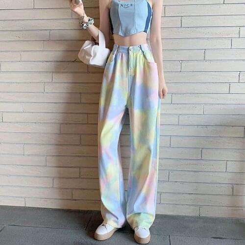 Fashion ladies rainbow tie-dye jeans trend high-waisted thin wide-leg pants loose fried street harem pants straight pants