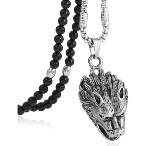 Mens Stainless Steel Wolf Head Biker Pendant Necklace with Black Natural Stone Chain 26" for Men Jewelry