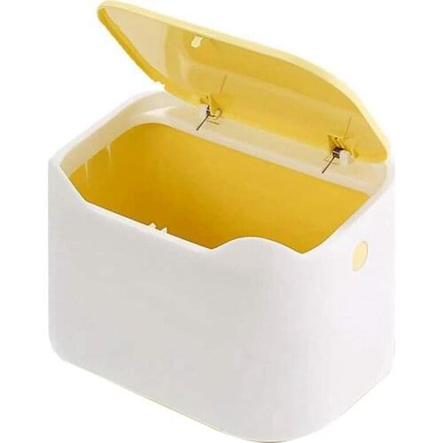 Desktop Trash Can with Lid Yellow White Small Countertop Garbage Cans for Office Car Bathroom