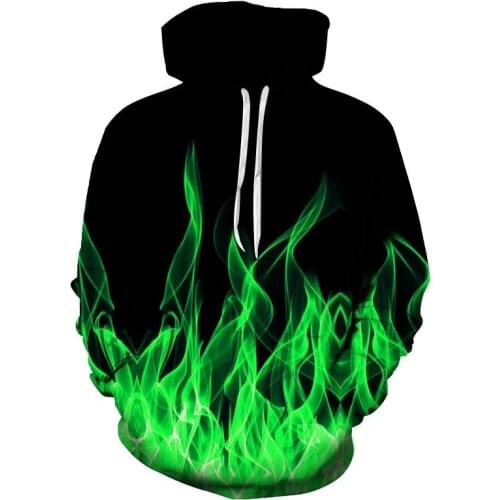 New Colorful Green Flame 3D Hoodie 2021 Fashion Sweatshirt Men Women Autumn Winter Coat Mens Clothing Funny Jacket Black Hoodies