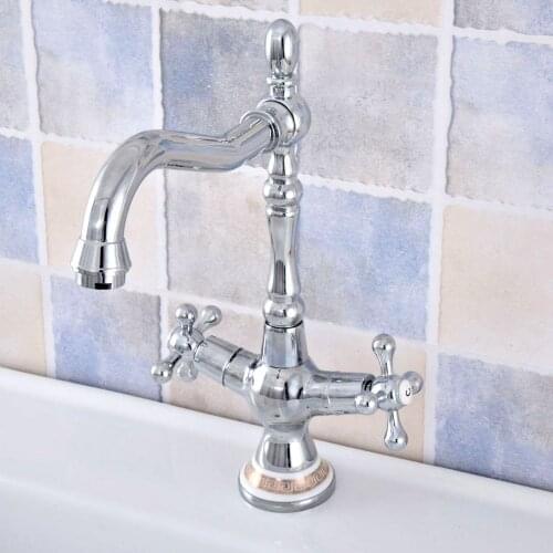 Polished Chrome Brass Bathroom Kitchen Basin Sink Faucet Mixer Tap Swivel Spout Dual Cross Handles Ceramic Base One Hole msf666