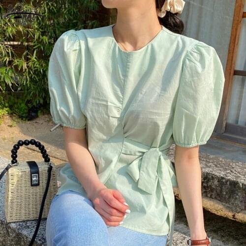 Chic Summer O-neck Green Woman Shirt Korean Solid Cotton Puff Sleeve Women Tops Vintage Loose Short Sleeve Blouses Blusas 14772