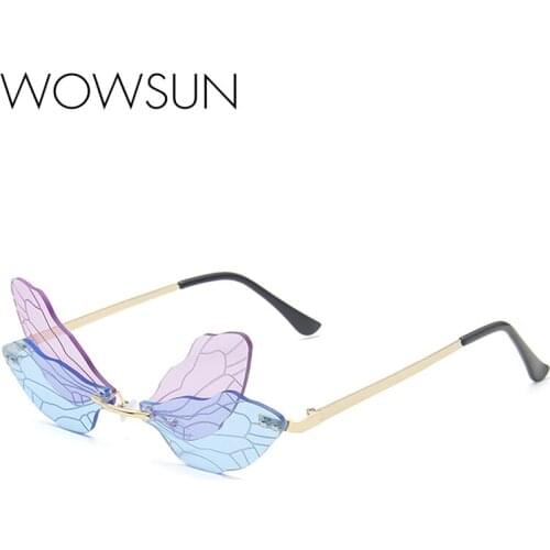 Rimless Sunglasses Womens Mens Steampunk Dragonfly Gradient Retro Style Unisex Sunglasses Rimless Transparent