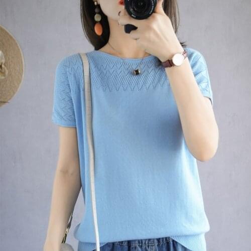 Smpevrg Summer Women Sweater Female Pullover Chic Casual Short Sleeve 100% Cotton Knitted Jumpers Thin Cool Tees Clothes T-Shirt