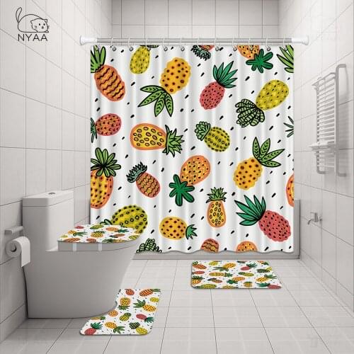 Fantasy Cartoon Pineapple Shower Curtain for Girl 4PCS Set Bathroom Curtain Bath Mat Rug Home Decor Gift