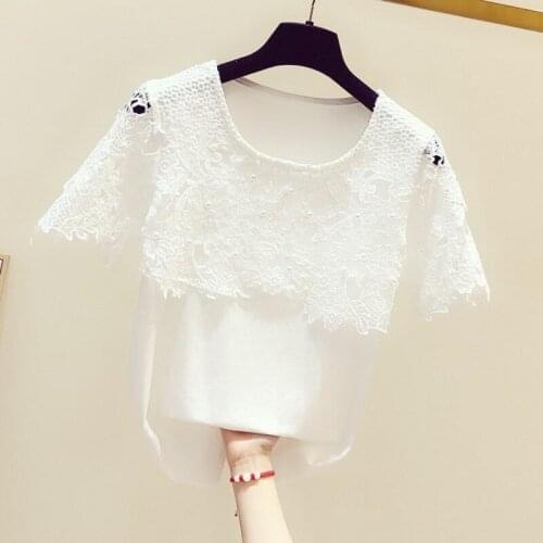 White T-shirt for Women Summer Tee Handmade Beading Hollow Out Lace Short Sleeve Round Collar T-shirt Girls Ladies Tops T Shirts