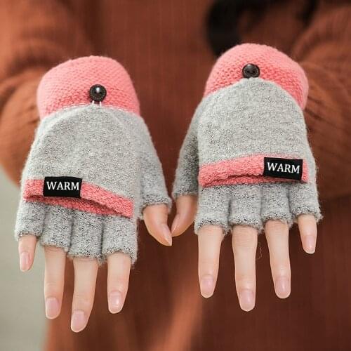 Fingers Free Wool Gloves Women Knitted Flip Fingerless Exposed Finger Thick Gloves Mittens Winter Warm Thickening Women Glove