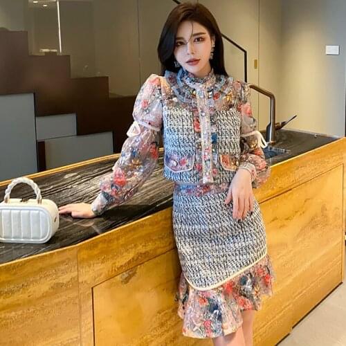 2021 New Fashion Autumn Womens 2 Piece Sets Elegant Flower Print Lace Ruffles Patchwork Tweed Coat+ Mermaid Skirts Suit