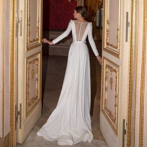 Modest Jersey Long Sleeves Wedding Dresses A Line Beaded Sexy Back Arabic Bridal Dresses Vestido de Novia