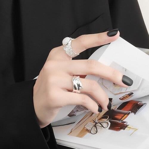 VENTFILLE 925 Sterling Silver Korean Ring Round Stone Vintage Female INS Simple Handmade Opening Index Finger Fashion Jewelry