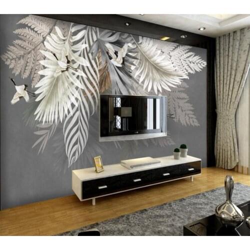 Customized 3d wallpaper hand-painted Nordic objects leaf crane art background wall living room restaurant mural papel de parede