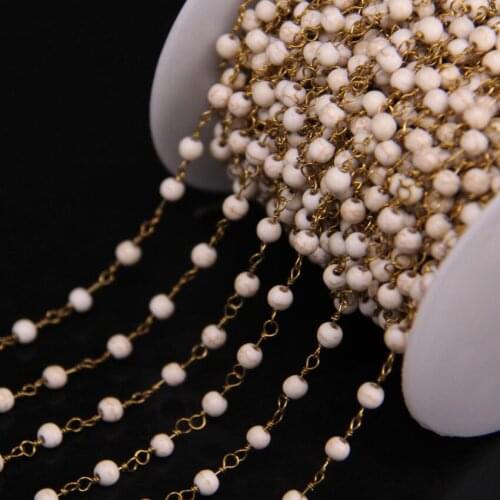 4mm Natural Turquoises Rosary Chain,White Turquoises Gems Round beads Link Brass Wire Wrapped Chain Necklace Jewelry