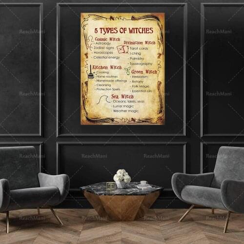 5 Types Of Witches Poster, Kitchen Witchery Art, Kitchen Witchery Art, Witches Magic Knowledge Wall Art, Magic Lover Gift, Sign