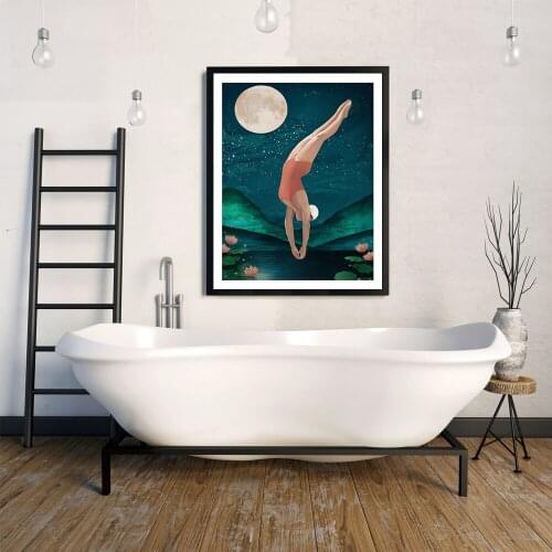 Abstract Swimming Girl Poster Canvas Art Under Moon Decorative Print Wall Painting Nordic Style Picture Modern Living Room Decor