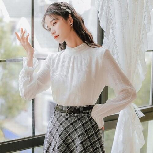 Korean Blouse Women Solid Color All Match Blouse 2021 Spring Autumn New High-Necked Wooden Ears Simple Gentle Tops Vestidos
