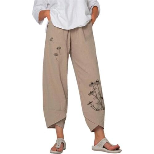 Summer Chinese Women Linen Pants Dandelion Print Elastic Waist Female Cropped Asymmetrical Retro Style Casual Trousers Oversize