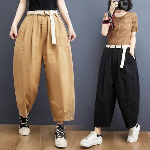 Casual Pants 2021 New Street Fashion Women Summer Pants Cotton Linen High Waist Harem Pants Belt All-match Wide Leg Pants