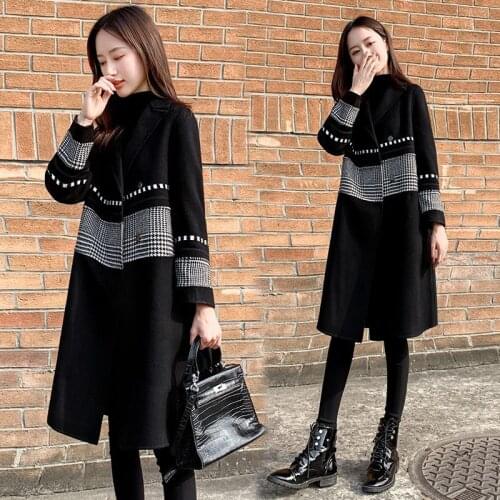 Black Woolen Coat Womens Long Autumn and Winter New Houndstooth Hepburn Woolen Coat Coats and Jackets Women