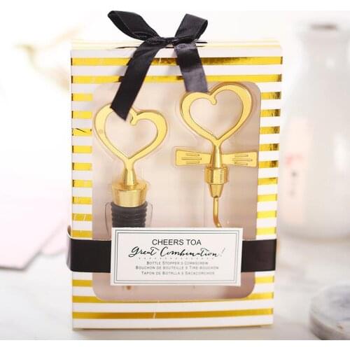 Elegant Valentines Wedding Gifts Golden Heart Shaped Red Wine Bottle Opener Champagne Wine Bottle Stopper LX6460