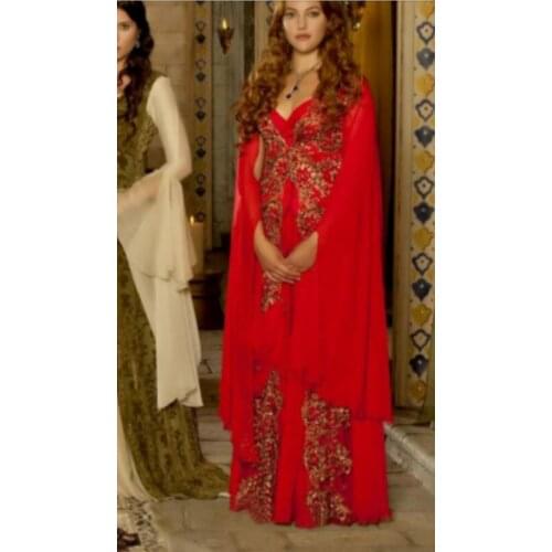 FDCL Free Shipping New Style Red Long Sleeve Evening Dresses Chiffon Lace Prom Dresses V-Neck Floor Length Custom Made