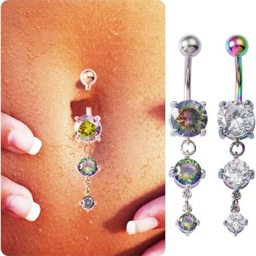 HONGTU 1Pc Crystal Zircon Dangle Belly Button Rings Stainless Steel Nombril Ombligo Piercings Sexy Women Navel Bar Barbells 14G